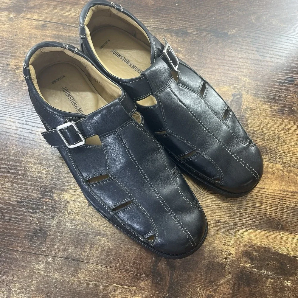 Johnston & Murphy‎ Men's Size 9.5M Black Leather Fisherman Sandals Sheepskin